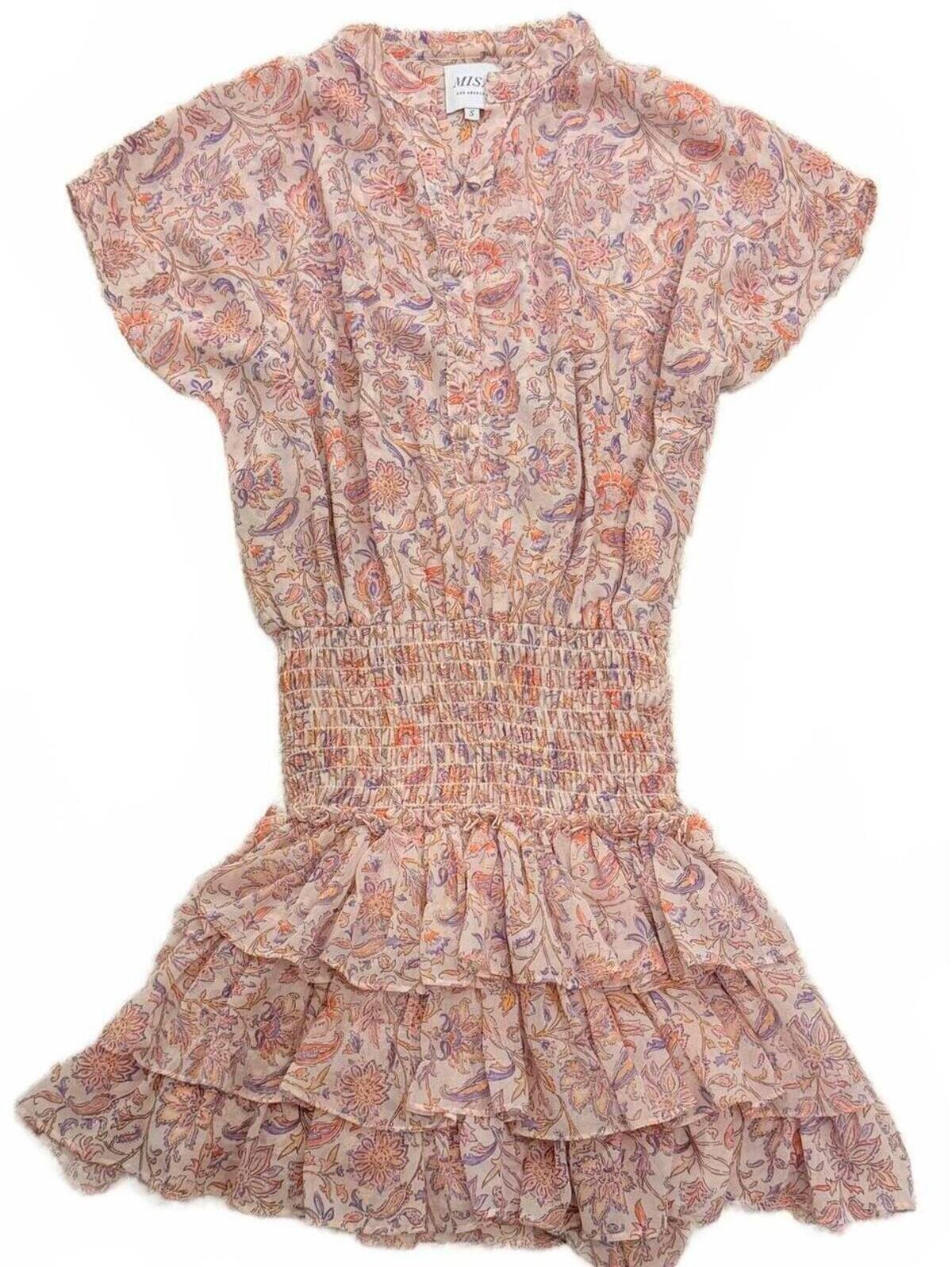 Misa Eloisa Dress Pink Paisley Smocked Tiered Ruffle Mini Size Small